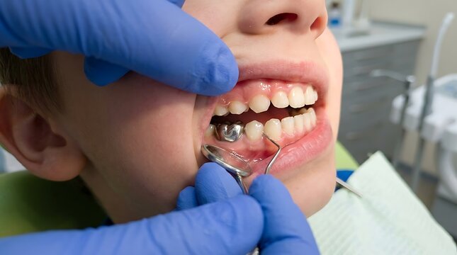 Orthodontist examining a young patient's dental appliance during a routine check-up to ensure proper teeth alignment and oral health for a confident smile