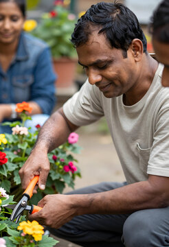 South Asian male gardener pruning colorful flowers with secateurs
