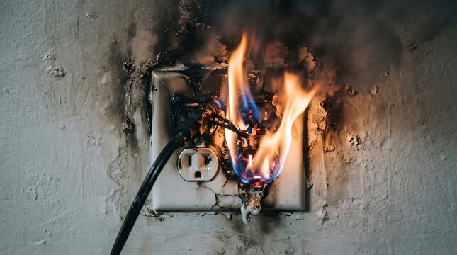 Hazardous electrical fire sparked by faulty wiring in a wall outlet causing smoke and flames