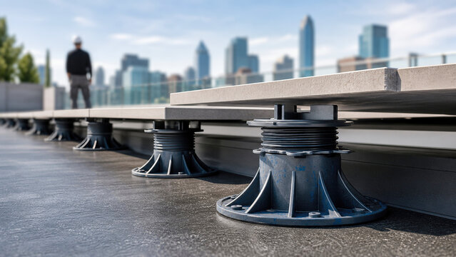 Adjustable gray recycled plastic pedestal supports installed on a rooftop terrace to support concrete paving slabs. Construction site with blurred city skyline background and worker in hard hat