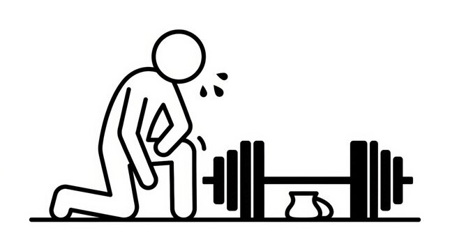 Exhausted athlete stick figure kneeling by heavy barbell, tired man resting after intense gym workout, fitness fatigue and strength training concept