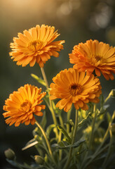 Fototapeta premium Close-up of blooming calendula flowers in natural sunlight