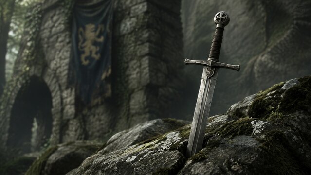 Medieval sword embedded in mossy rock near ruined castle