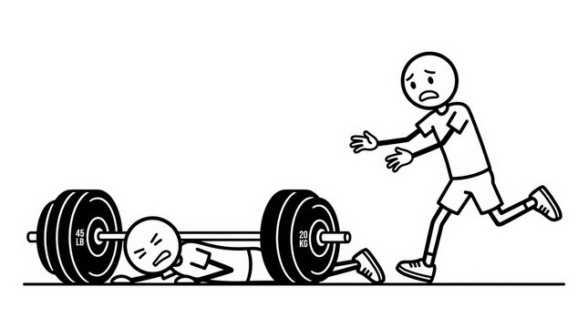 Weightlifting accident stick figure illustration, gym injury with heavy barbell, worried spotter running to help trapped athlete, fitness safety concept