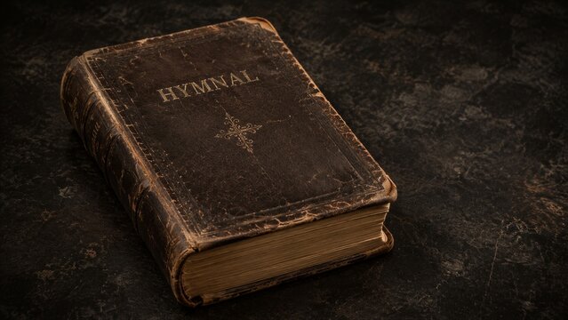 Old hymnal book resting on dark textured wooden surface