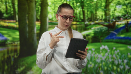 Fototapeta premium Woman points finger to tablet while reading with a puzzled frown in studio; confusion concentration analysis.