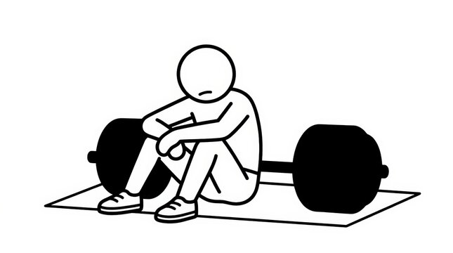 Exhausted stick figure sitting by heavy barbell, tired athlete resting after gym workout, minimalist line art of fitness fatigue and burnout