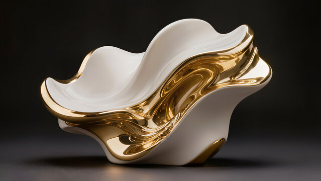 Luxury minimalist abstract sculpture combining smooth matte ivory texture and polished 24k gold