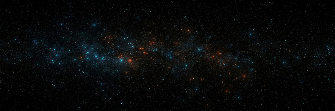 Panoramic view of a star field with blue and orange nebulae cosmic background
