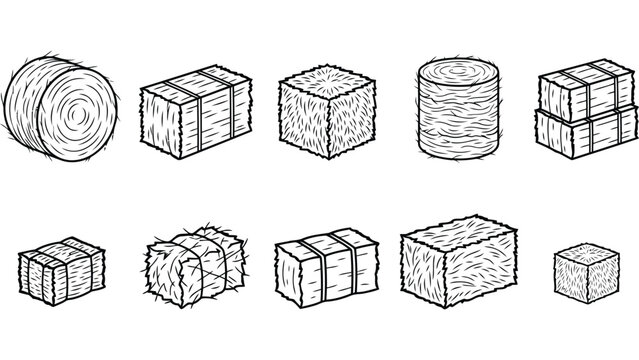 Hay bale icons set. Collection of farm straw bundles and dry grass stacks for agriculture.