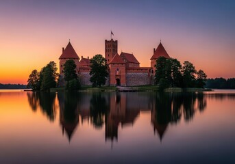 Obraz premium An ancient red brick castle stands majestically on a small island surrounded by calm lake waters under a soft sunset sky with lush trees, tranquility, dusk, nature