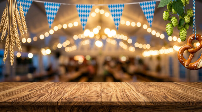 Oktoberfest wooden table in festival tent with bokeh lights and traditional decorations, product display and festive event staging