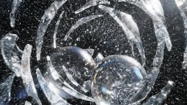 Abstract 3D render of floating transparent glass spheres and shattered crystal fragments in a dark void with bright light reflections, lens flares, and refractive transparency.