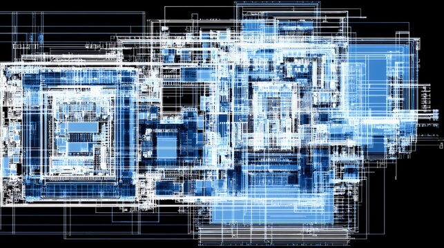 Complex digital blueprint and technical schematic wireframe of a futuristic motherboard or architectural engineering system network