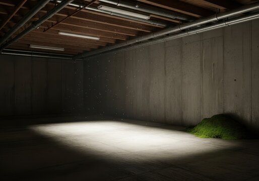 Dusty, damp, and empty unfinished basement room with rough concrete walls, exposed ceiling beams, and utility pipes running along the top, foundation, dusty, empty