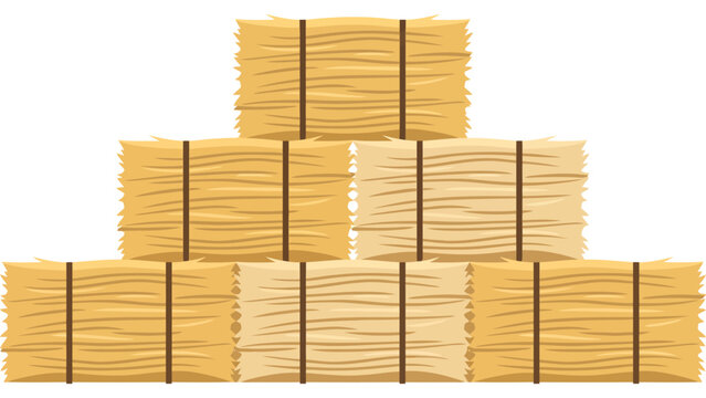 Stacked hay bales for farm harvest. Golden straw blocks for agriculture and autumn decor.