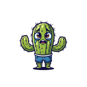 Sad crying cactus character with tears wearing blue shorts on transparent background.