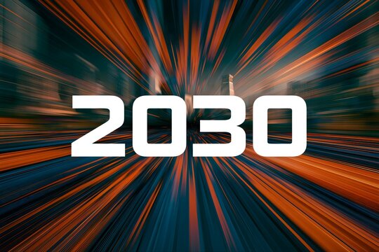 2030 text centered on a dynamic, high-speed background of orange and blue light trails. year 2030 concept featuring a stylized font and fast digital lines.