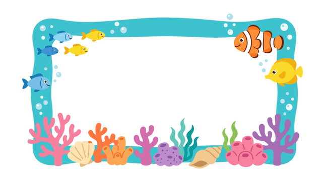 Underwater Scene Border with Coral Reef, Fish and Bubbles - Cute Cartoon Style