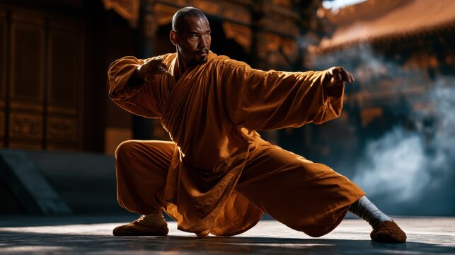 Shaolin monk in dynamic kung fu pose inside ancient temple, with incense smoke and vibrant orange robes, embodying discipline and tradition.