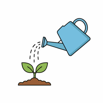 Watering a small plant growing from soil