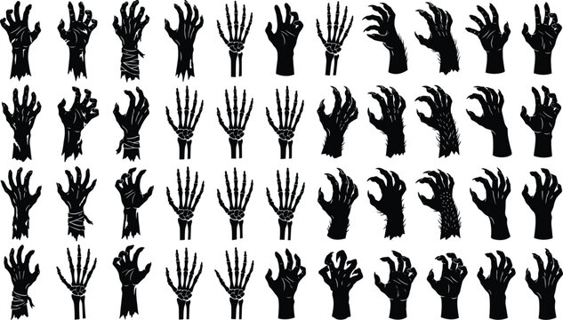 Halloween, horror, zombie, hands, silhouette, set, of, scary, monster, claws, skeleton, bone, arm, icons, isolated, white, background, vector, graphic, elements