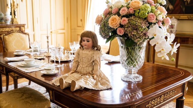 Antique doll on a polished wooden table with flowers