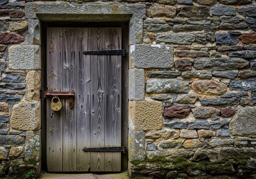 A heavy rustic wooden door remains tightly shut with a weathered metal latch and a secure padlock, set against a textured old stone wall, mystery, house, metal