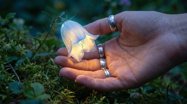 Glowing Bell Flower Held Gently in Hand with Silver Rings