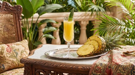 Tropical Pineapple Drink and Fruit on a Table