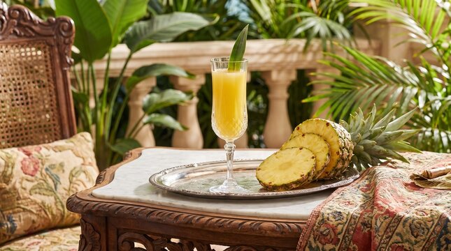 Tropical Pineapple Drink and Fruit on a Table