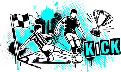 Dynamic soccer players vector illustration, grunge football action scene with kick text, sports tournament poster with trophy and corner flag © 成 sнıηяα тєηsєı ツ