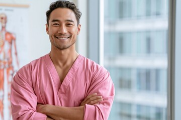 Obraz premium Smiling male nurse in pink scrubs professional portrait for healthcare website banner staff profile and medical recruitment materials