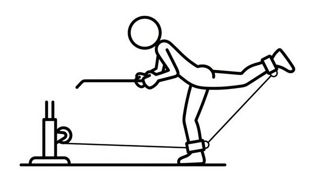 Cable kickback exercise diagram, stick figure performing glute workout on gym machine, fitness instruction illustration for leg day training