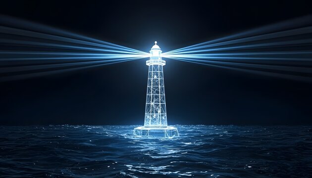 Glowing transparent lighthouse structure emitting bright blue light beams over dark ocean waters at night with luminous wireframe tower standing dark water