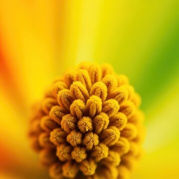 Extreme macro closeup of microscopic golden yellow pollen grains covering the reproductive stamen structure of a vibrant flower, grain, fine, stamen