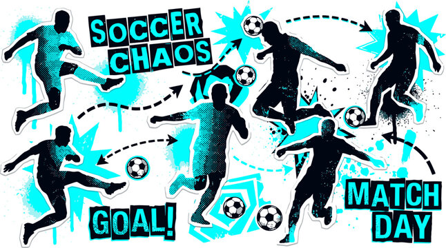 Soccer Chaos urban graffiti vector set, football player silhouettes with spray paint textures, match day goal celebration graphics