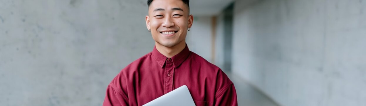 Smiling young professional man holding a laptop in a bright concrete corridor for linkedin profile banner and corporate website background
