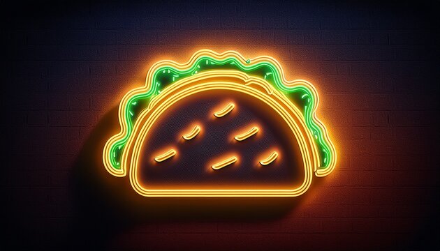 neon taco sign glowing on a dark wall