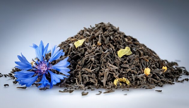 loose leaf earl grey tea with visible pieces of bergamot peel and cornflowers against an isolated soft gray background
