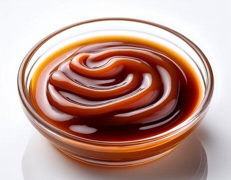 a single elegant swatch of teriyaki sauce on a white background with soft color gradients and a subtle sheen to highlight the texture and glossiness of the sauce