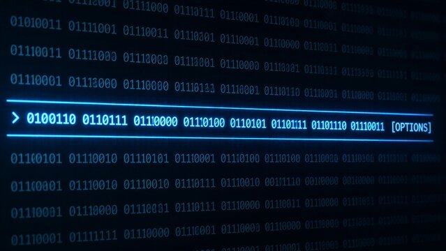 Binary code highlighted in command line on dark computer screen
