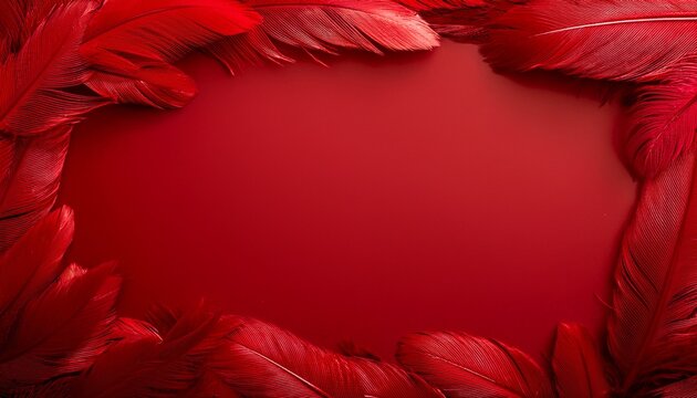 a vibrant frame made from red feathers playfully scattered around the edges of a red background the feathers range from bright crimson to deep burgundy creating a dynamic and energetic border