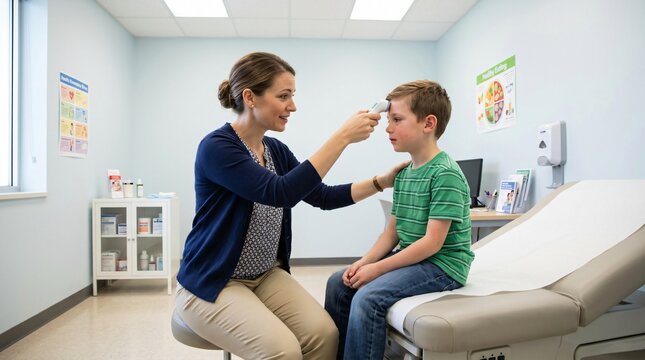 Female pediatrician checking schoolboy's temperature with a forehead thermometer during a back-to-school physical exam in a bright clinic office.