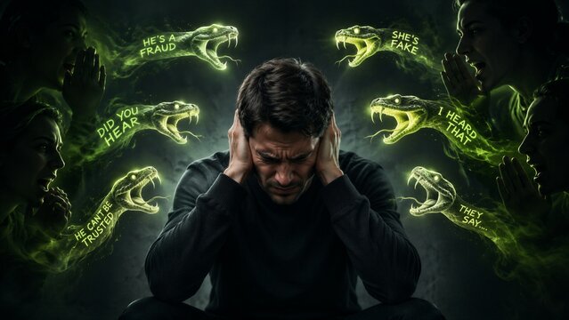 Man covering ears surrounded by accusatory snake speech shapes
