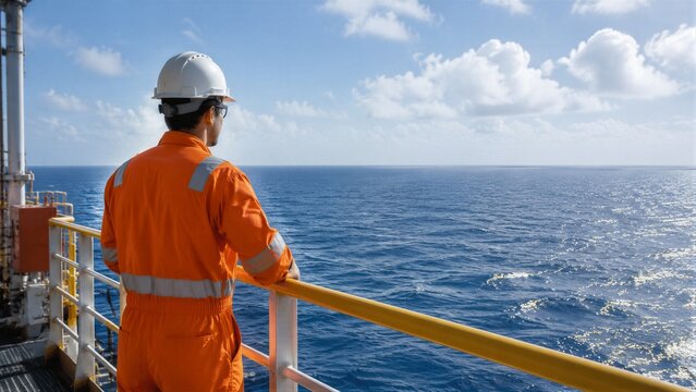 Worker in orange coverall overlooking offshore platform at sea