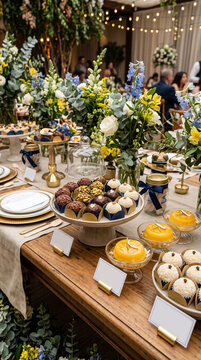 Elegant Dessert Table Display with Floral Arrangements and Candies
