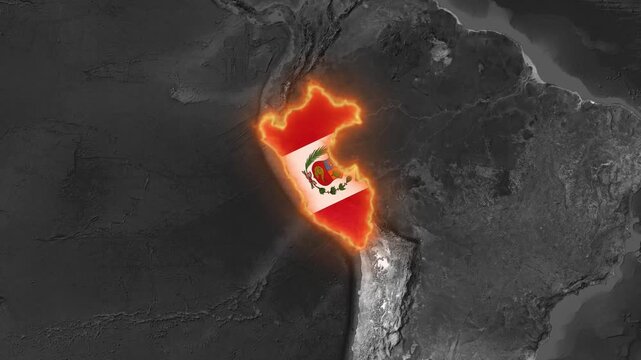Glowing map of peru with national flag texture, animated country border for news and travel presentations