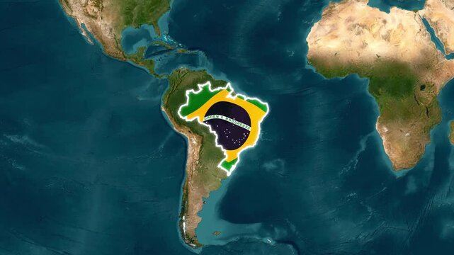 Brazil country map animation with national flag overlay on satellite earth globe south america geography