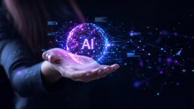 Illuminated sphere with ai text held in a human hand digital illustration artificial intelligence machine learning neural network globe glowing orb ball holding palm technology